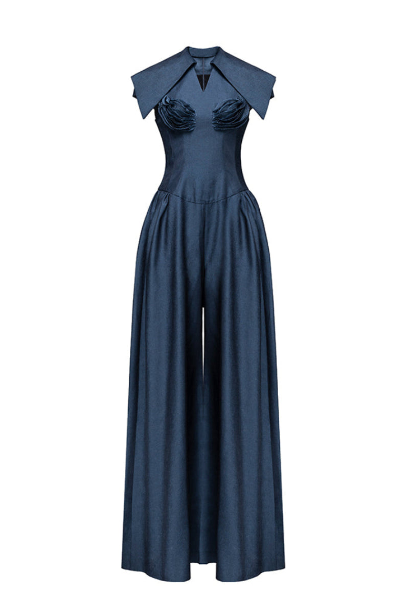 Dark blue Zelie jumpsuit by Jenny K Tran, stylish and fitted jumpsuit with elegant design, perfect for casual or dressy occasions.
