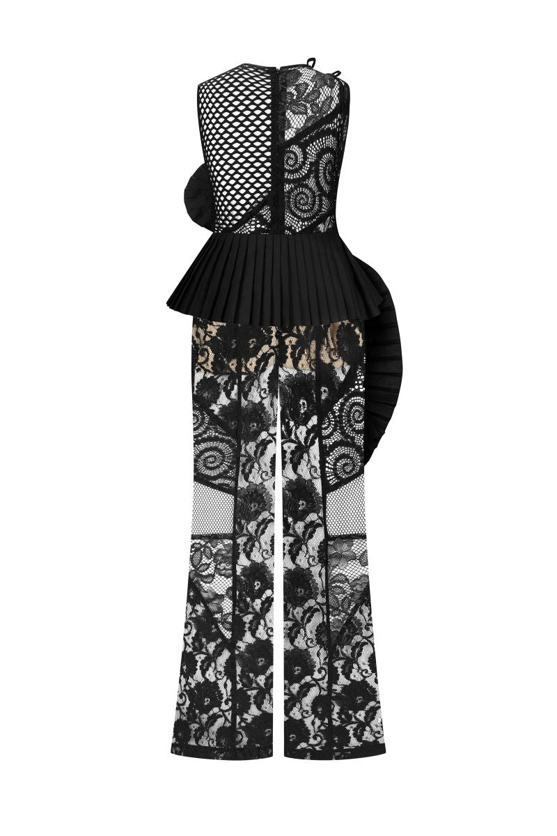 SLEEVELESS LACE MESH FLARED JUMPSUIT - CULT MIA
