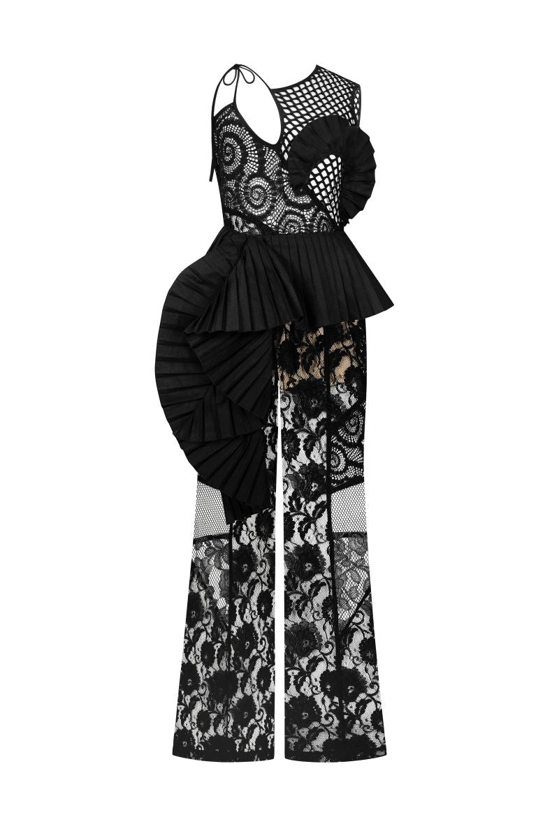 SLEEVELESS LACE MESH FLARED JUMPSUIT - CULT MIA