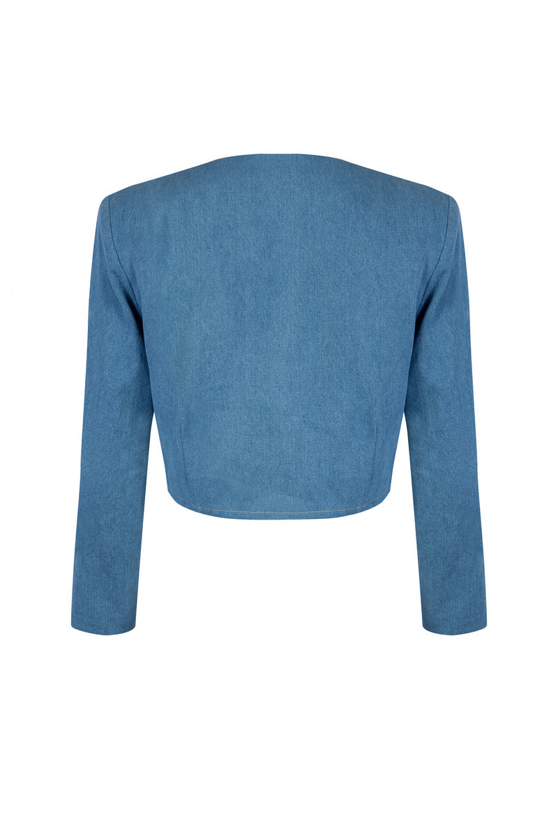 Señorita Juana blazer in blue, back view showing tailored fit and stylish design, perfect for professional or casual wear.