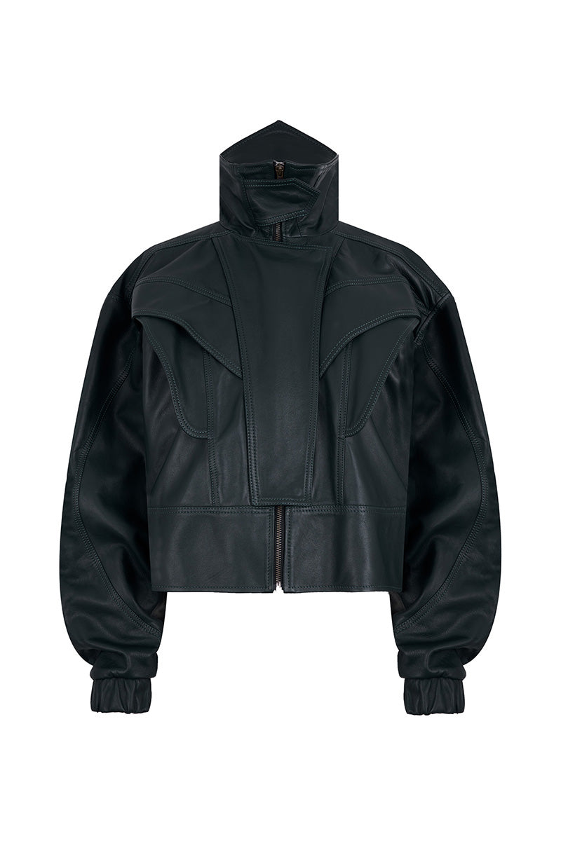 Green Lorena Saravia Julia jacket with front zipper and collar, stylish women’s outerwear.