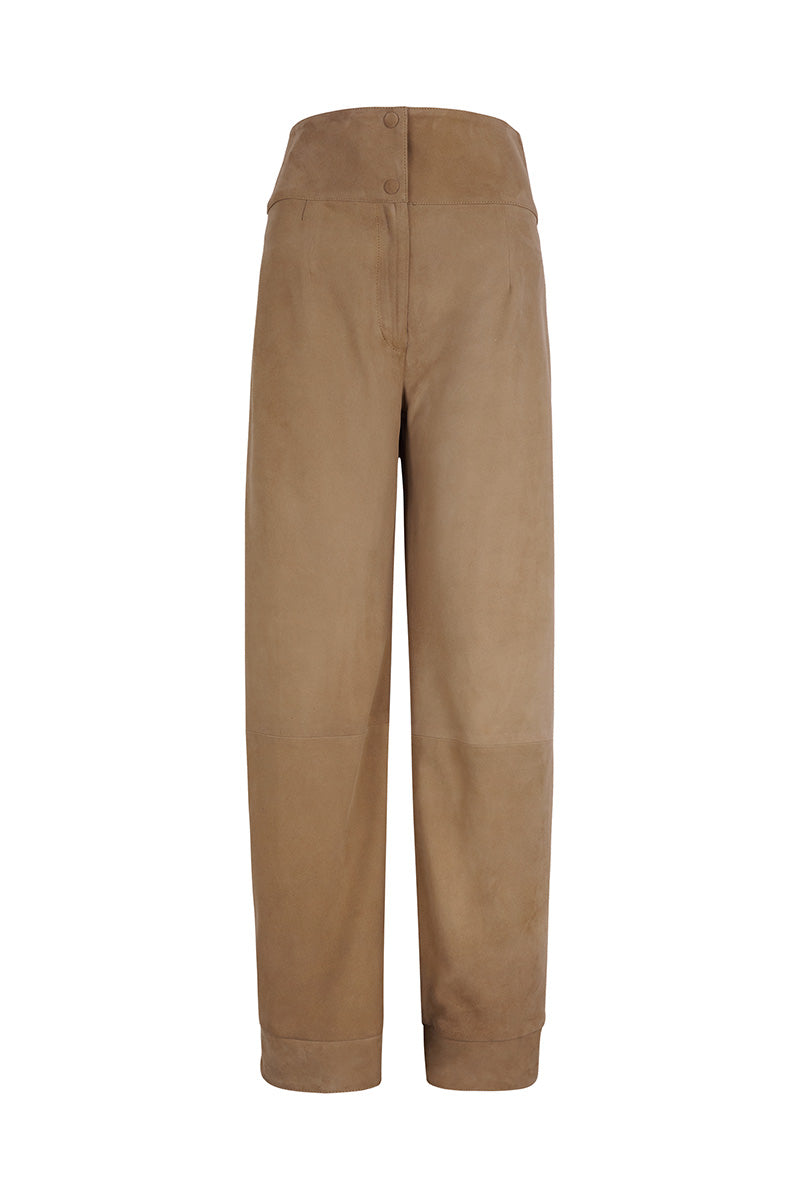 Lorena Saravia Julia suede pants in front view, showcasing stylish beige suede trousers with a tailored fit and classic design.