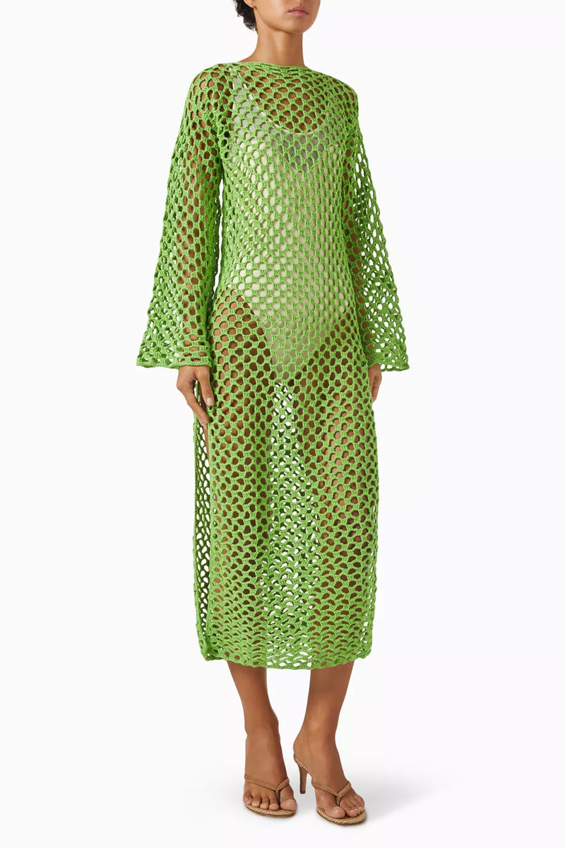 Jessica K June green dress cover-up displayed on a mannequin with flowing fabric and stylish design.