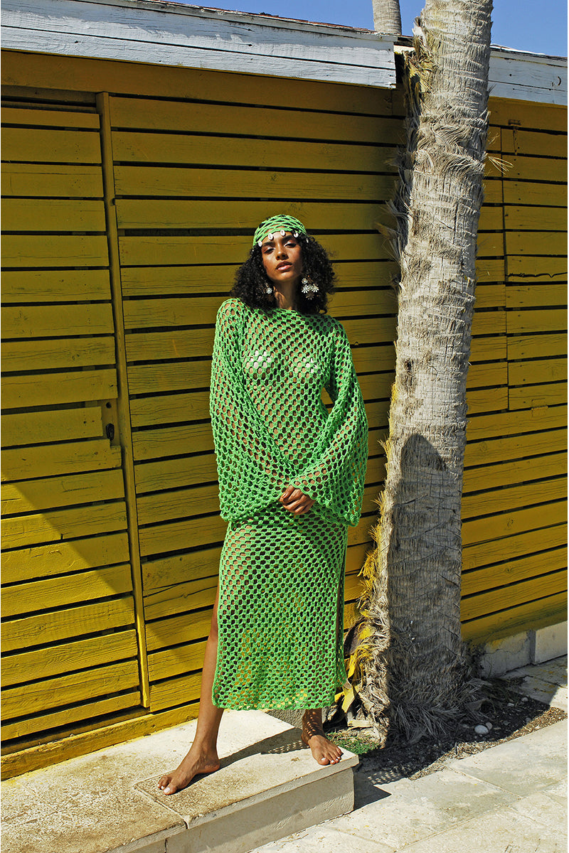 Jessica K June Dress Cover Up in vibrant green, featuring lightweight fabric and relaxed fit, perfect for beach or poolside wear.