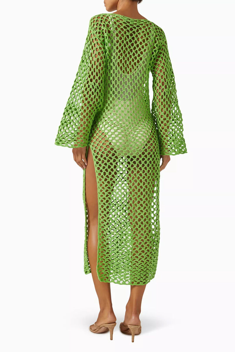 Jessica K June dress in green, stylish cover-up with flowing fabric and relaxed fit, perfect for beach or poolside wear.