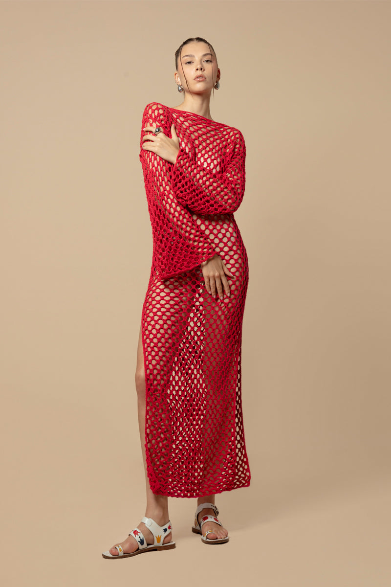 Jessica K June Dress in red, stylish cover-up with flowy fabric and sleeveless design, perfect for beach or poolside wear.