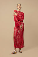 Jessica K June Dress in red, stylish cover-up with flowy fabric and sleeveless design, perfect for beach or poolside wear.