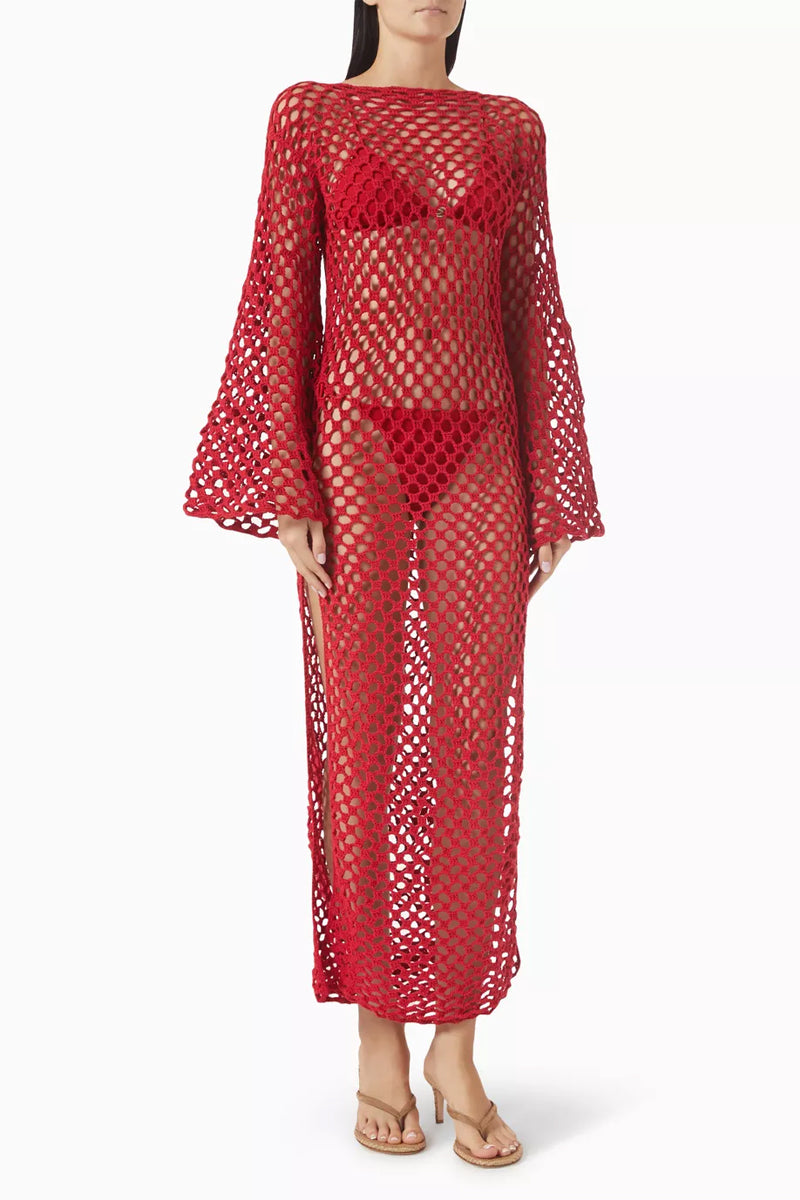 Jessica K June Dress in red, stylish cover-up featuring a flowy fabric and elegant design, perfect for beach or poolside wear.