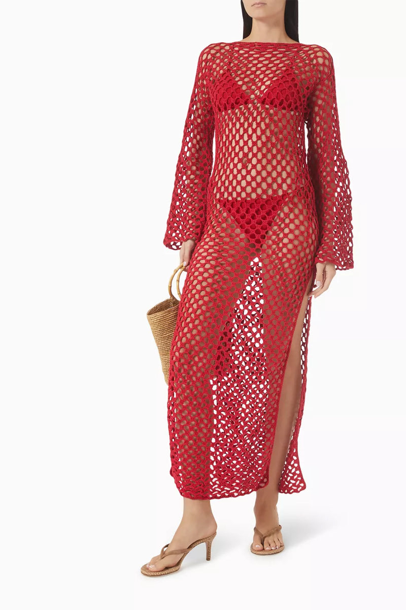 Jessica K June Dress in red, stylish cover-up with flowy fabric and sleeveless design, perfect for beach or poolside wear.