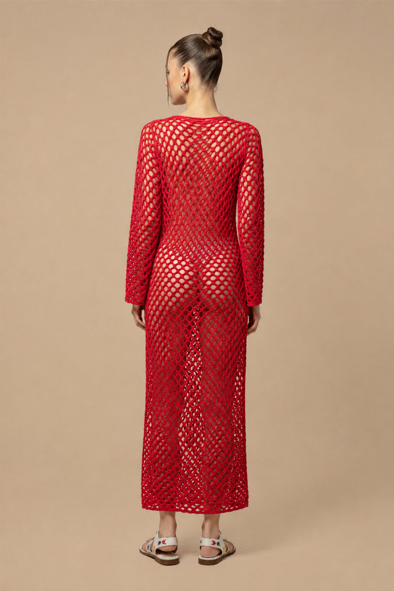 Jessica K June Dress in red, stylish cover-up with flowing fabric, perfect for beach or poolside wear.
