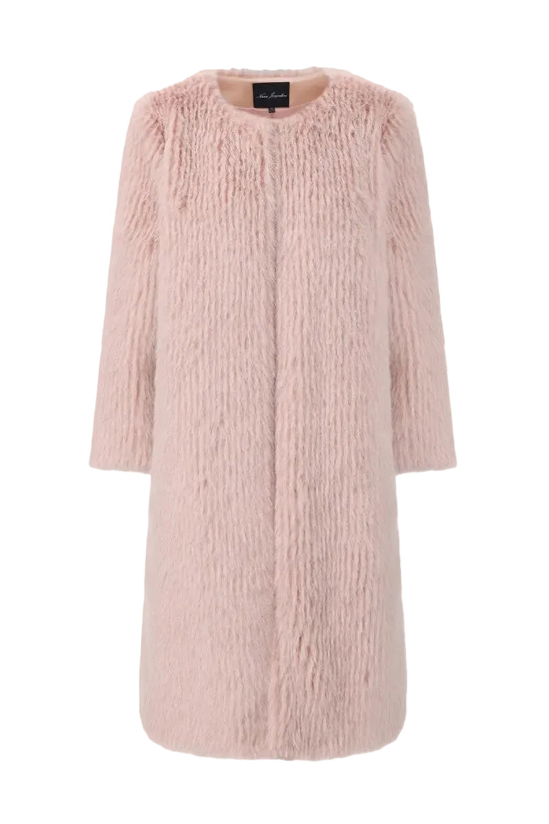 Pink Nana Jacqueline J'ADORE faux fur long coat displayed on a hanger, showcasing its luxurious texture and elegant design.