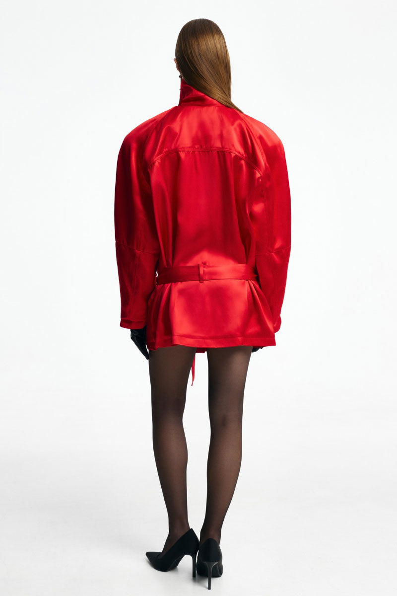 Red funnel neck jacket from Santa Brands, stylish outerwear with a modern design and comfortable fit.