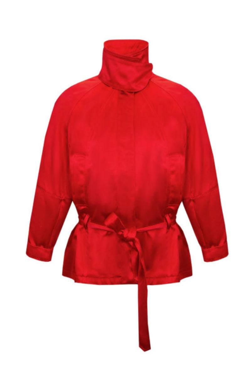 Red funnel neck jacket by Santa Brands, stylish outerwear with a sleek design and comfortable fit.