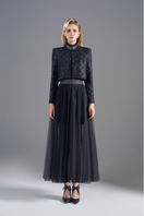 Black Lilly cropped jacket by Rosee De Matin, shown with front view, featuring a stylish collar and fitted silhouette.