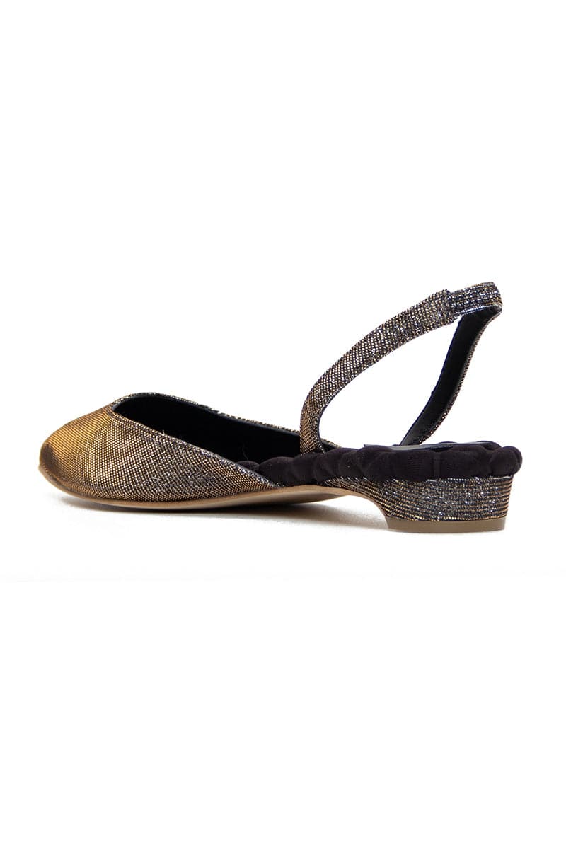 A pair of AERA Jackie metallic lurex slingback flats with pointed toes and shiny, textured metallic finish.