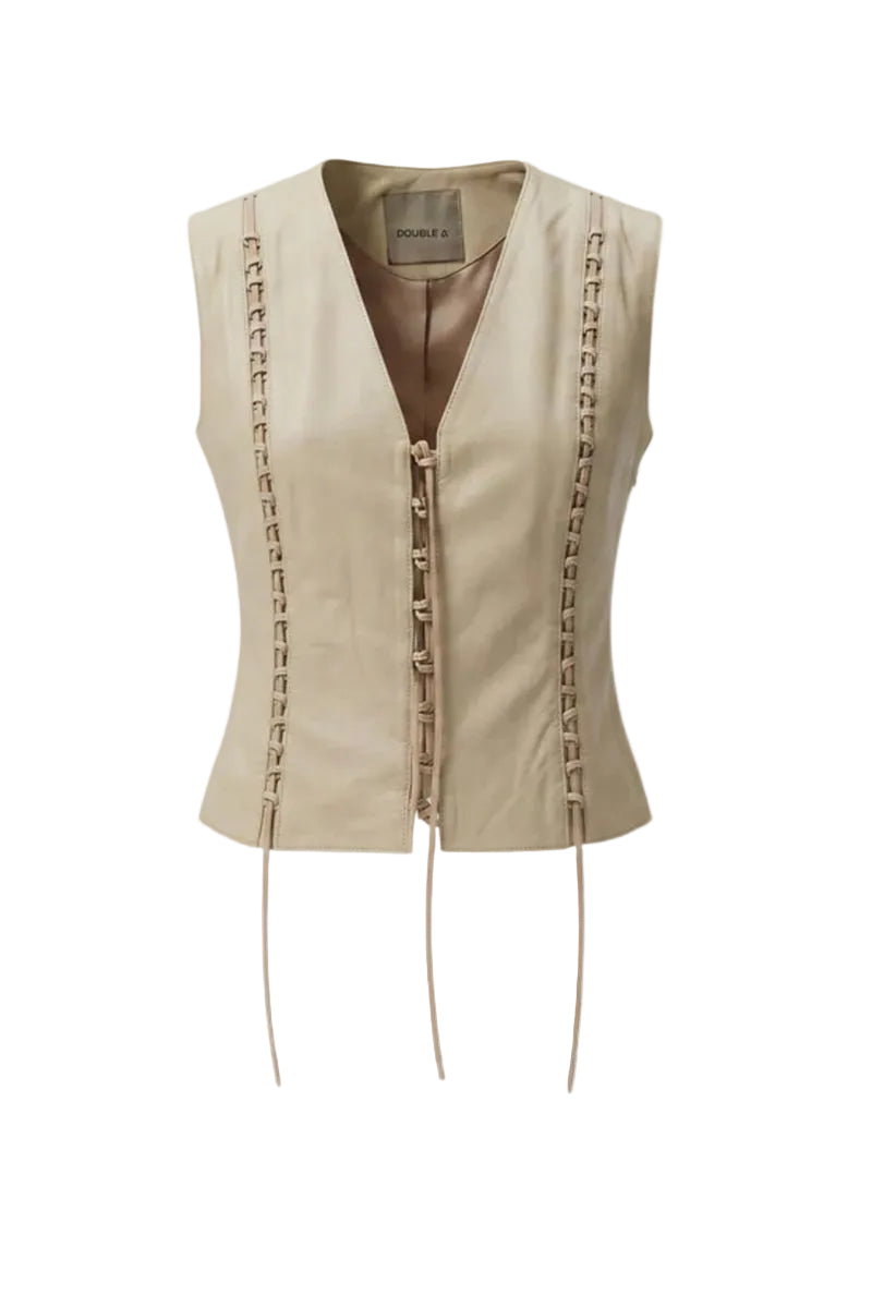 Double A jade leather vest in butter yellow, showcasing a stylish sleeveless top with a smooth leather finish.