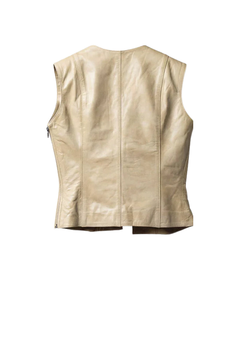 Double A jade leather vest in butter yellow, showcasing a fitted sleeveless top with a smooth leather texture.