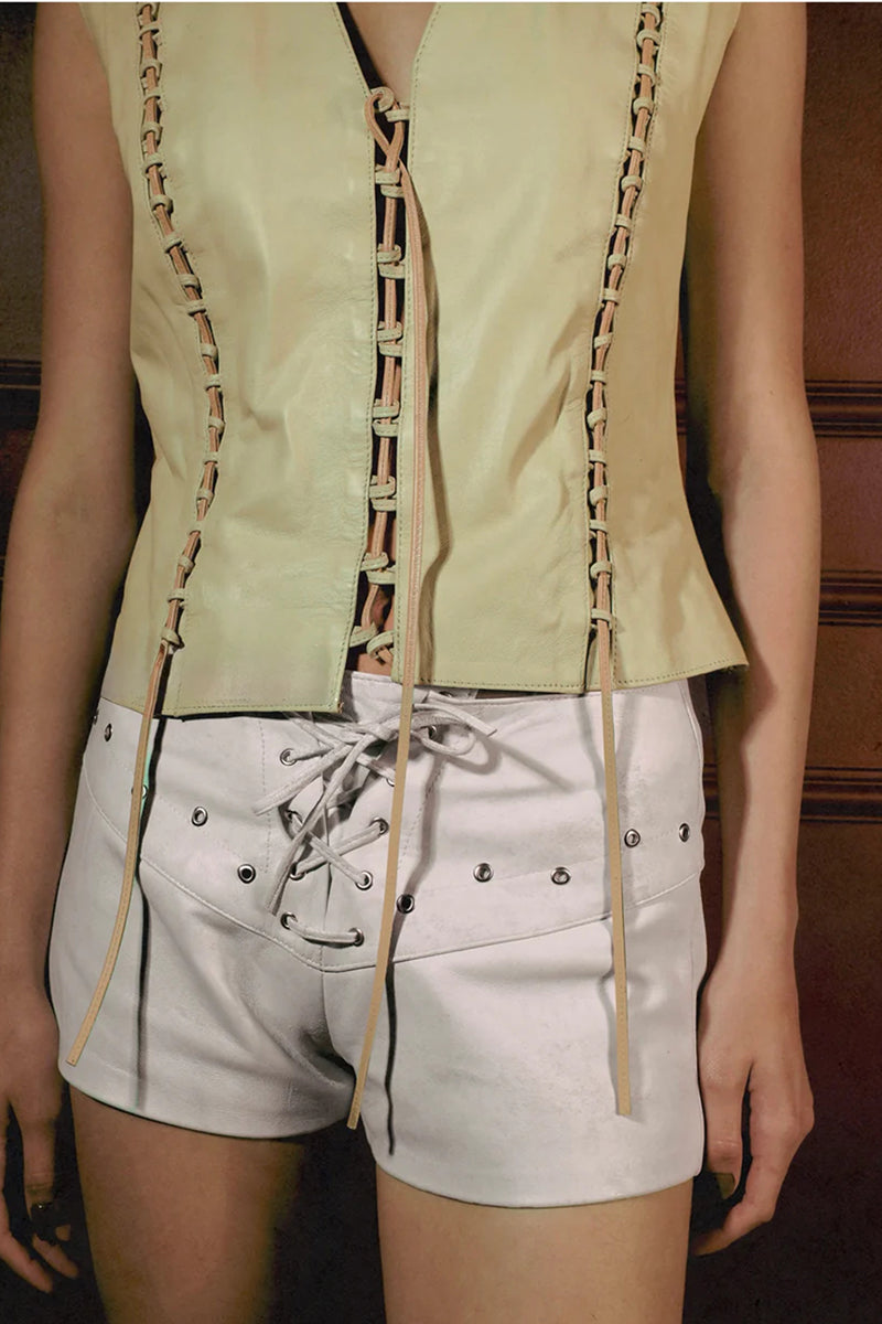 Double A jade leather vest in butter yellow, sleeveless top with a smooth leather texture and fitted design.