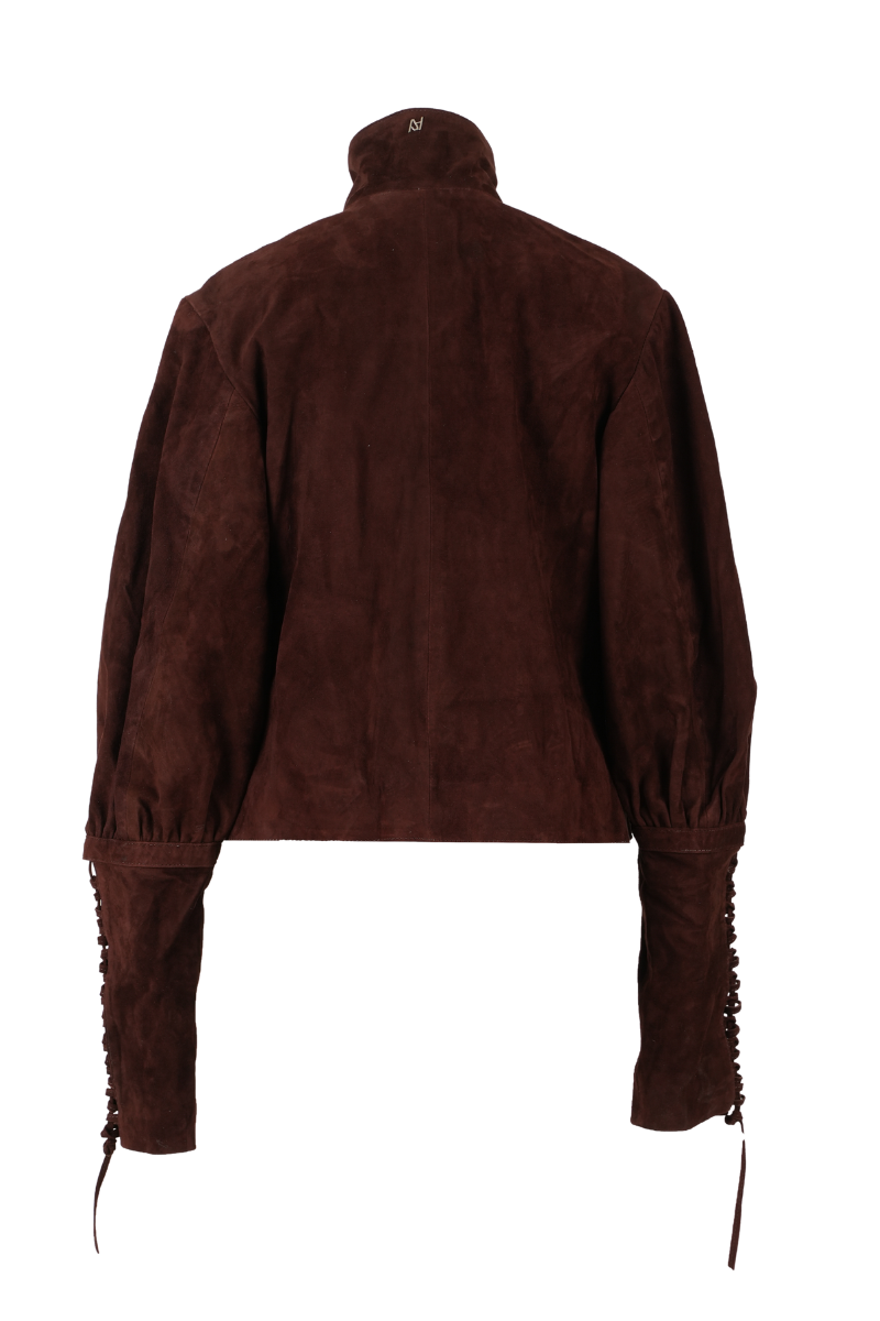 Double A brown jade suede jacket showing a stylish, soft suede fabric with a classic fit and detailed stitching.