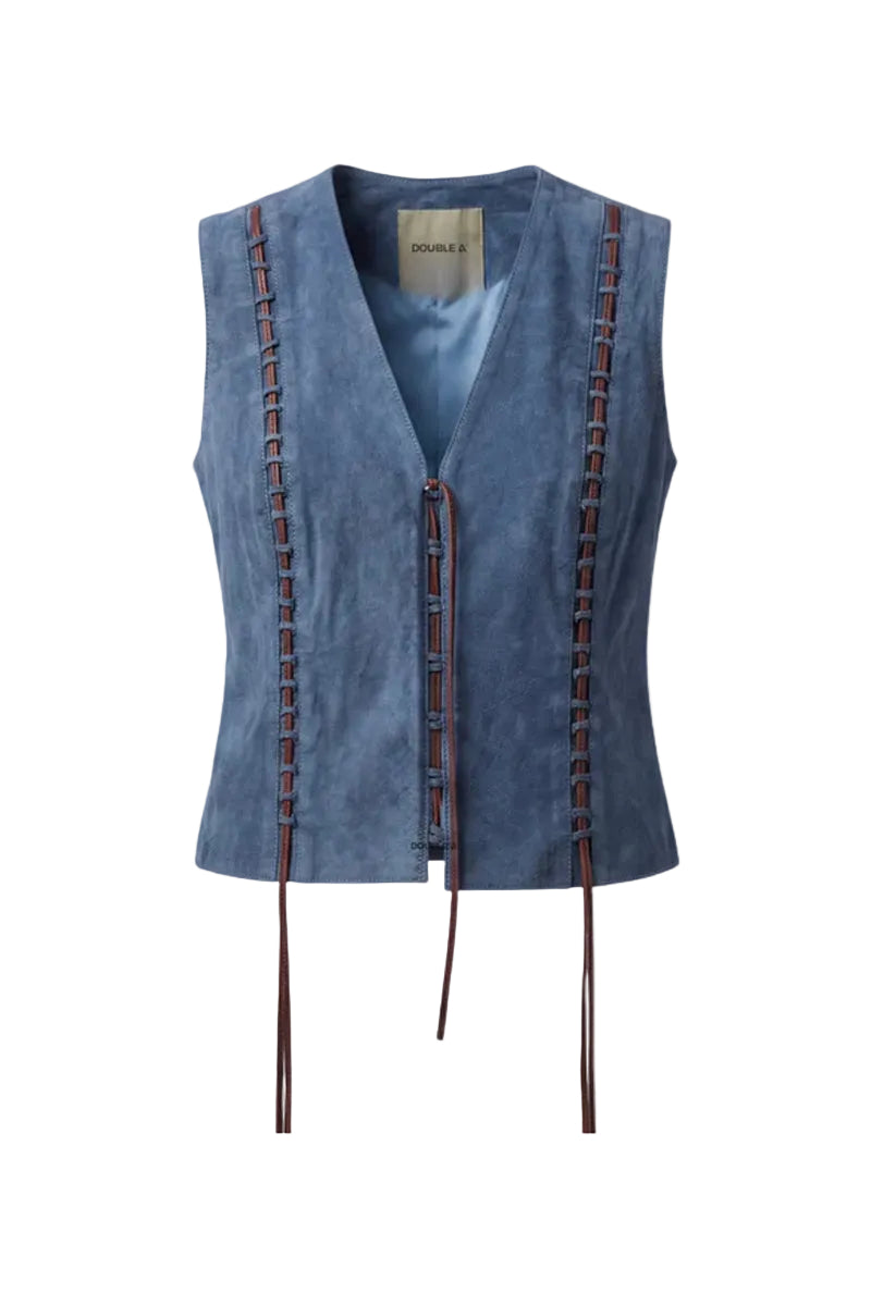 Blue jade suede vest by Double A featuring a soft, textured suede fabric and a stylish, fitted design.
