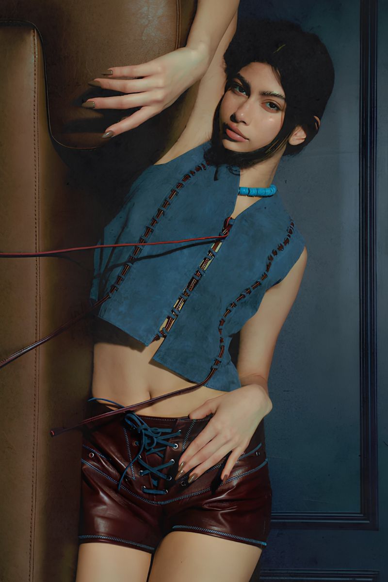 Double A jade suede vest in blue, featuring a stylish sleeveless design with soft suede texture.