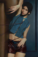 Blue Jade suede vest by Double A, featuring a stylish sleeveless design and soft suede fabric.