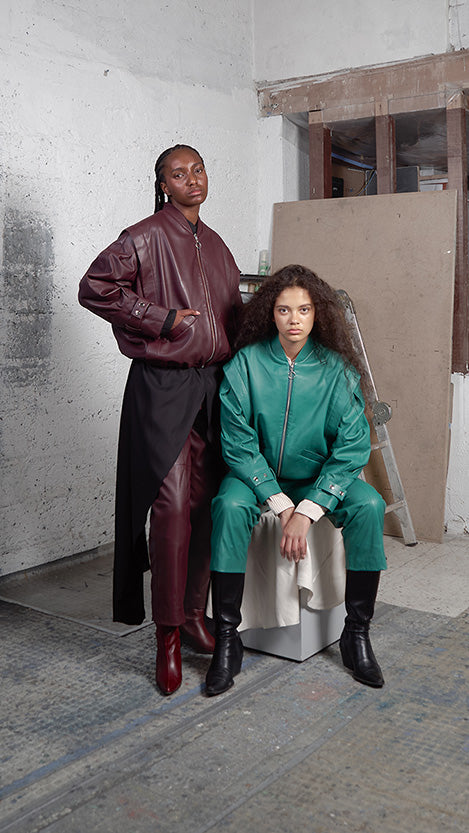 Japanese leather pants in wine red by MAZ Manuela Álvarez, showcasing sleek, fitted design with smooth leather texture.