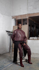 Japanese leather pants in wine red by MAZ Manuela Álvarez, featuring a sleek fit and smooth texture.