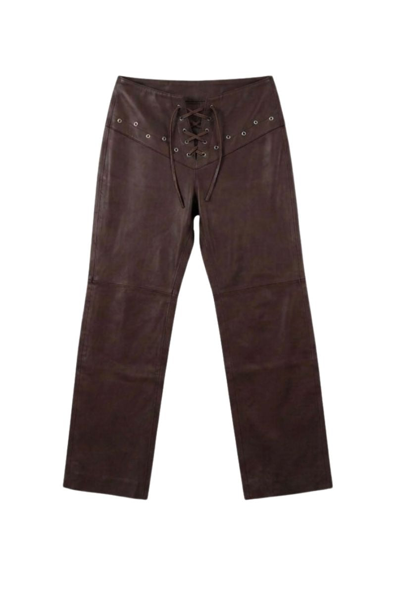 Double A Jason brown leather pants, showcasing a stylish fit with detailed stitching and a modern design.