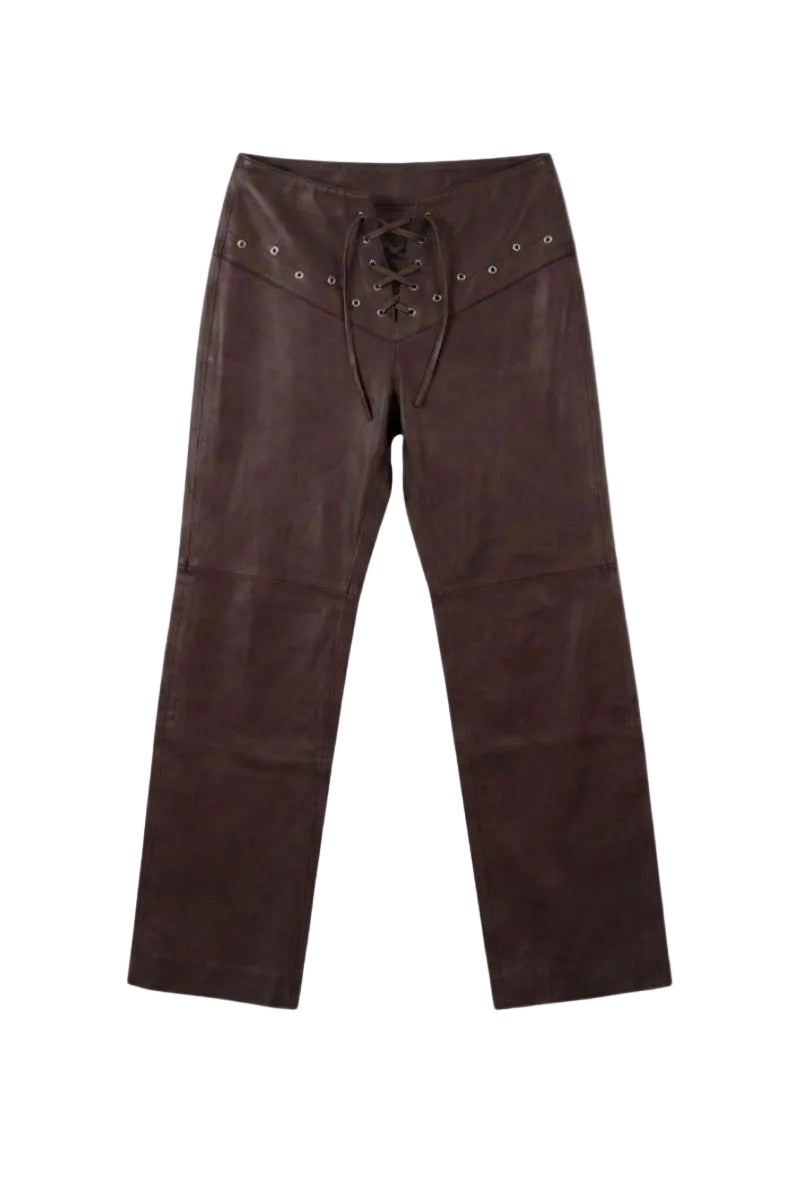 Double A Jason brown leather pants, showcasing a stylish fit with detailed stitching and a modern design.