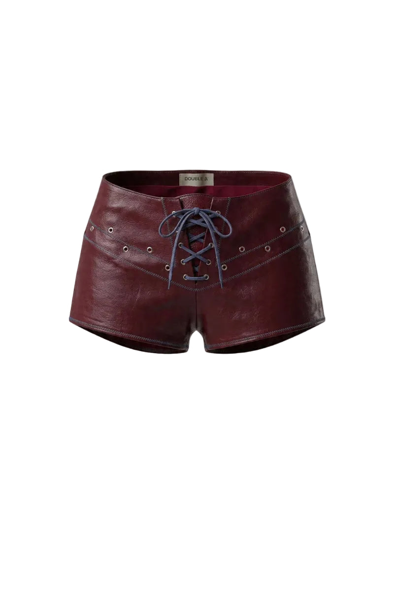 Double A Jason leather shorts in burgundy, stylish and fitted with a smooth leather texture, displayed on a neutral background.