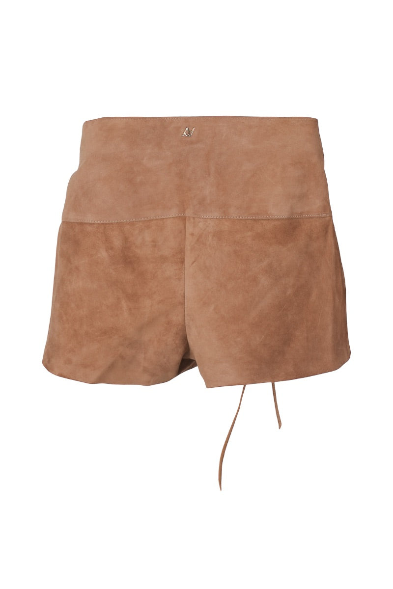 Beige Jason suede shorts by Double A, featuring a tailored fit and soft suede fabric, displayed on a neutral background.
