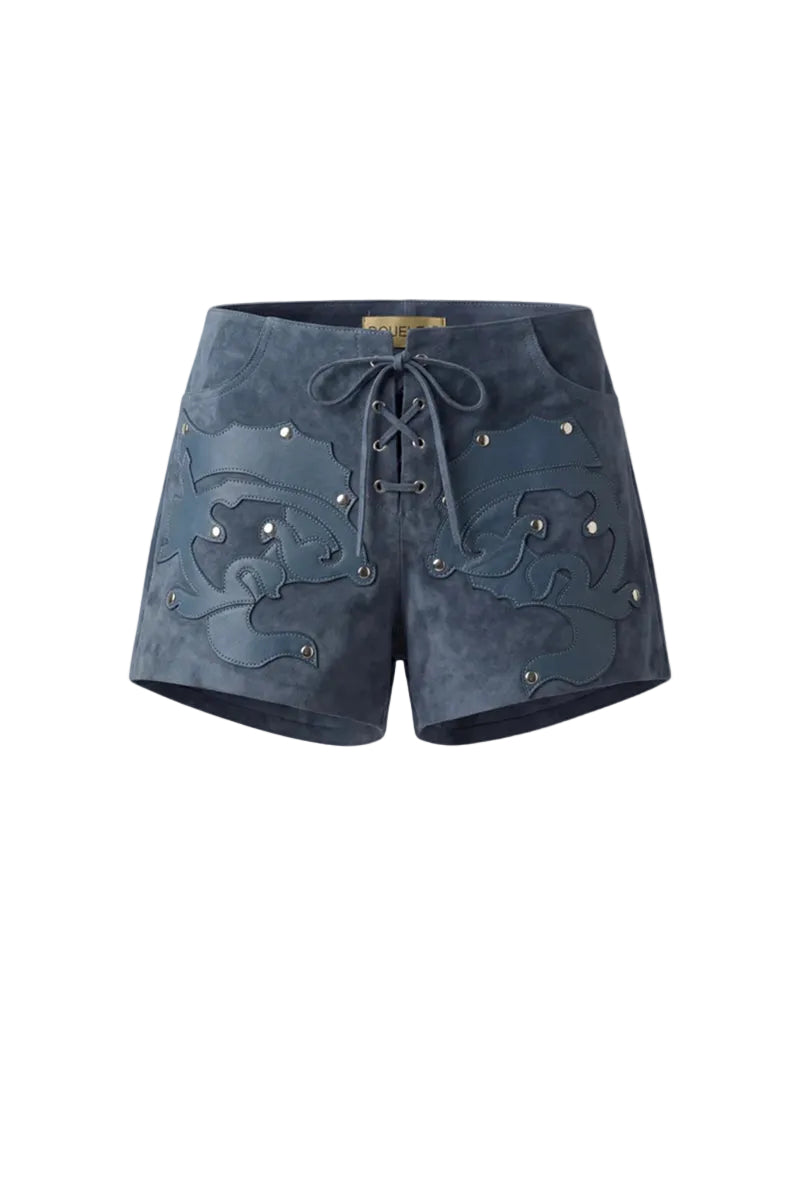 Blue Jason suede laser-cut shorts by Double A, showing detailed cutout design and relaxed fit on a model.