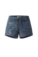 Blue Jason suede laser-cut shorts by Double A, featuring detailed cut-out design and a relaxed fit.