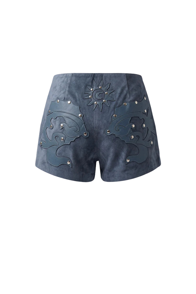 Blue Jason suede laser-cut shorts by Double A, featuring intricate cut-out details and a stylish, casual fit.