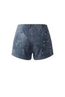 Blue Jason suede laser-cut shorts by Double A, showcasing detailed cutout design and tailored fit.