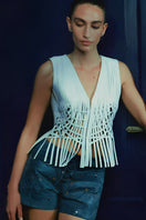Blue Jason suede laser-cut shorts by Double A, featuring intricate cutout details and a stylish, casual fit.