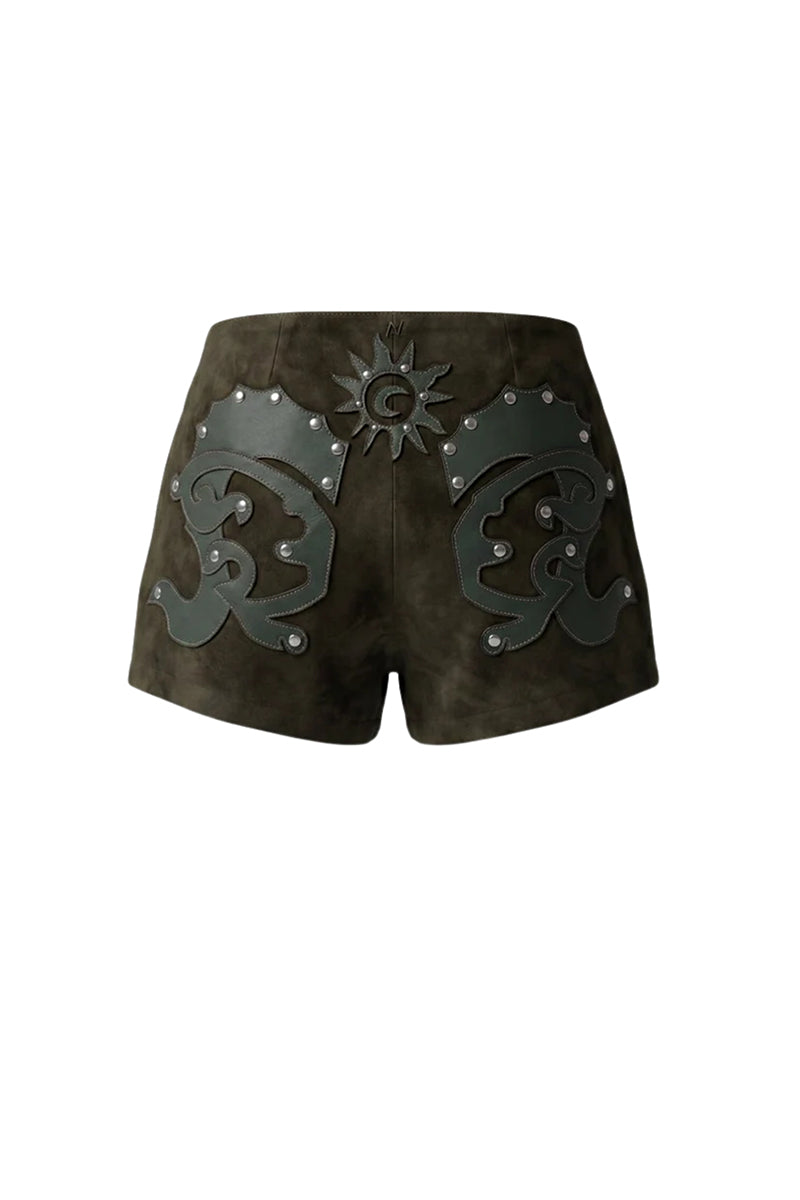 Double A Jason suede laser-cut shorts in olive color with a relaxed fit and stylish cut-out details, perfect for casual wear.