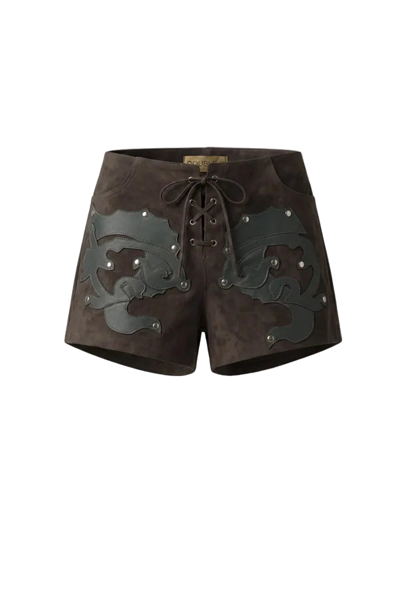 Double A Jason suede laser-cut shorts in olive, showcasing intricate cutout details and a stylish, casual fit.