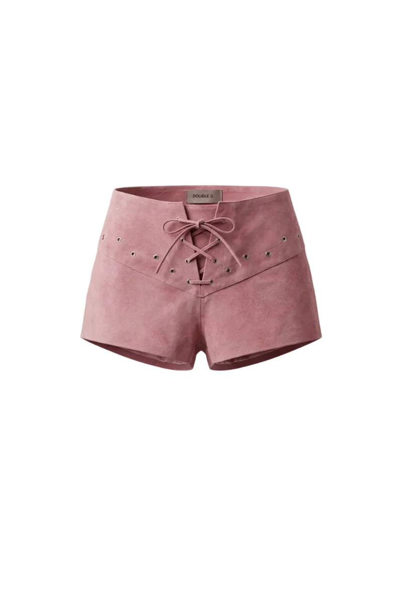 Pink Jason suede shorts by Double A, shown with a close-up of the soft suede fabric and stylish fit.