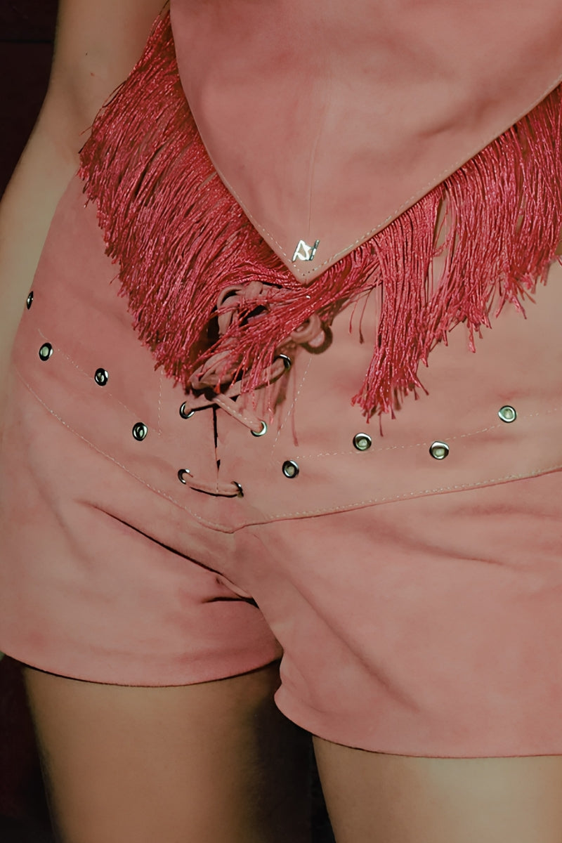 Pink Jason suede shorts by Double A, showing the soft fabric and stylish fit on a model.