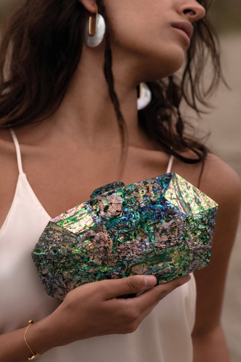 Green Jaya Paua Clutch by Freya Rose, showcasing intricate Paua shell detailing and elegant design.