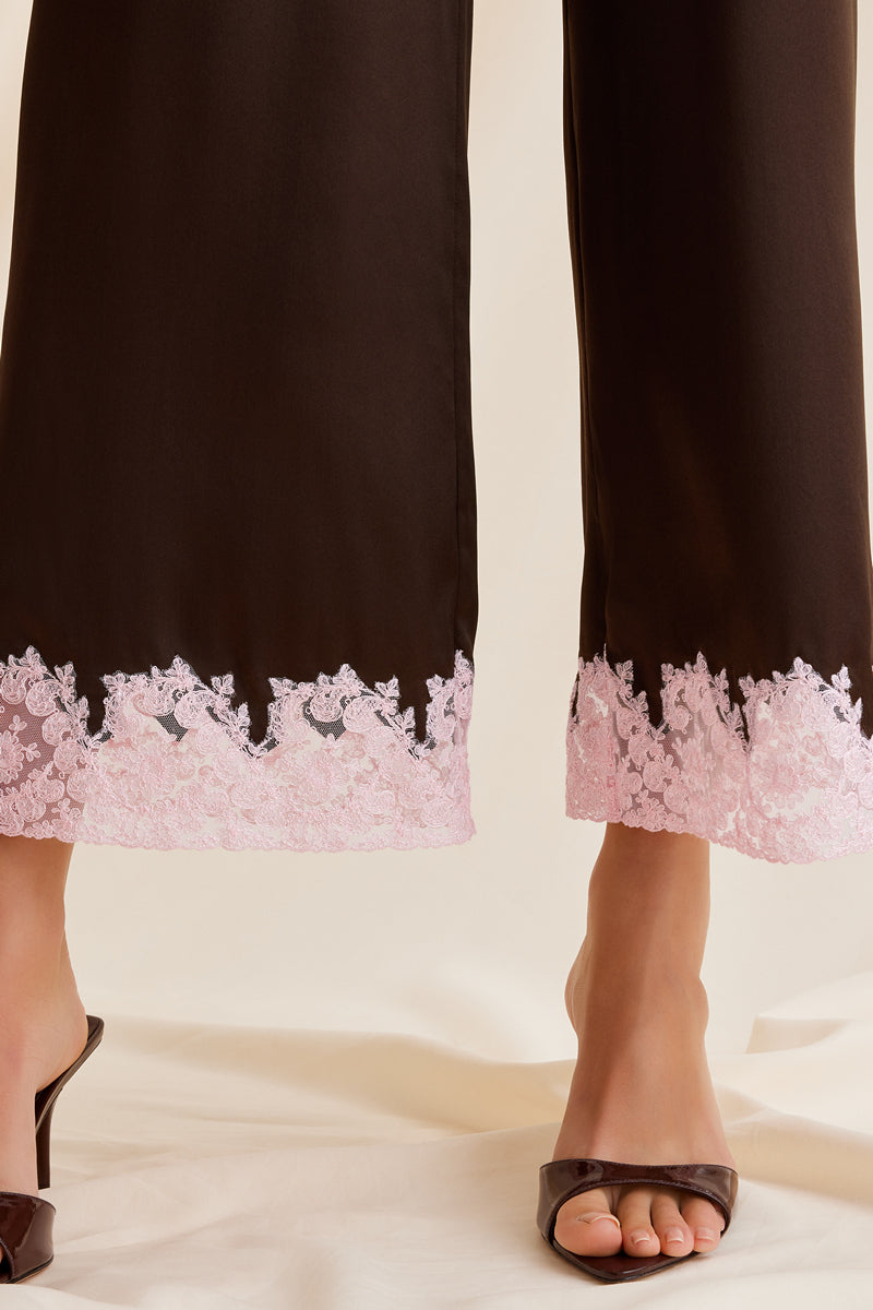 Scarlett Gasque Jayne Pant in chocolate plum fabric with detailed stitching and tailored fit, showcasing a stylish women's pant design.