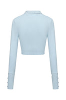 Back view of Nana Jacqueline Jenna blue cardigan, soft knit fabric with a relaxed fit and classic button closure.