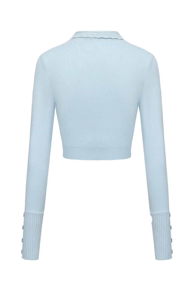 Back view of Nana Jacqueline Jenna blue cardigan, soft knit fabric with a relaxed fit and classic button closure.