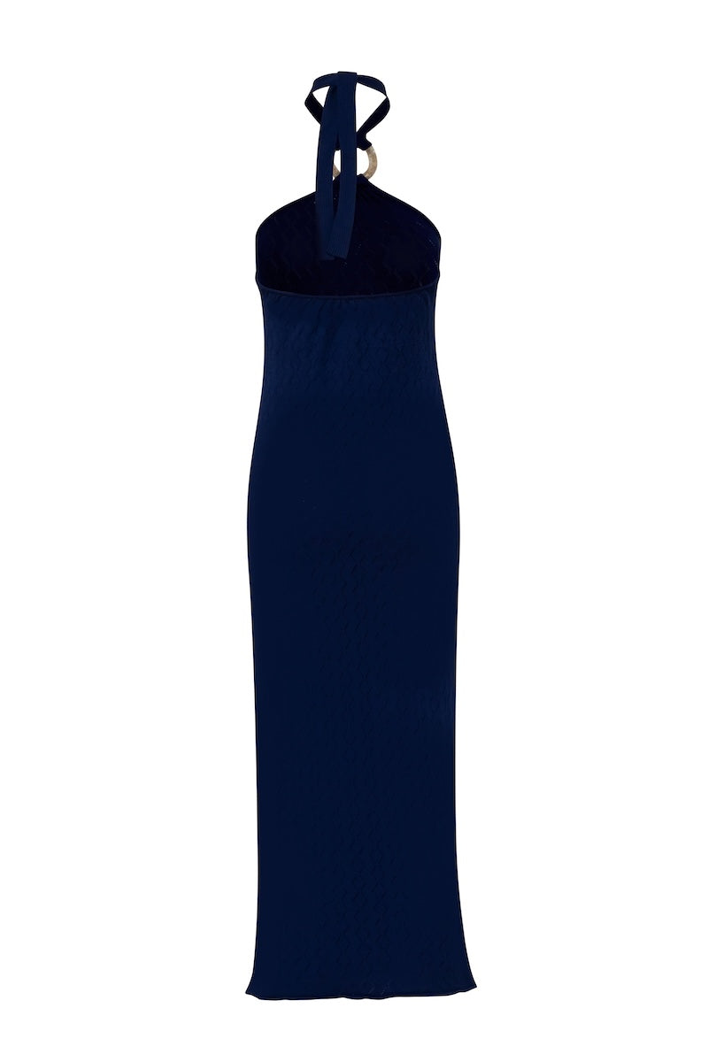 Baobab Jericó Maxi Dress in lapis blue fabric, flowing design, sleeveless style, perfect for casual or summer wear.
