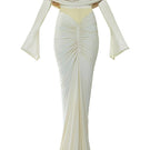 Deme By Gabriella Jolene off-shoulder ruched gown featuring elegant draping and a fitted silhouette, perfect for formal occasions.