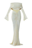 Deme By Gabriella Jolene off-shoulder ruched gown featuring elegant draping and a fitted silhouette, perfect for formal occasions.