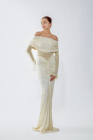 Deme By Gabriella Jolene off-shoulder ruched gown in flowing fabric, featuring a fitted bodice and elegant off-shoulder design.