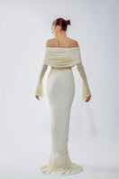 Deme By Gabriella Jolene off-shoulder ruched gown in elegant fabric, featuring a fitted bodice and flowing skirt.